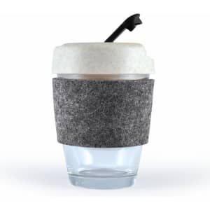 A reusable coffee cup featuring a clear glass design with a textured grey RPET band and a light-colored lid.