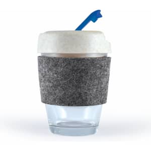 A reusable coffee cup with a white lid and a gray felt band, featuring a blue straw.