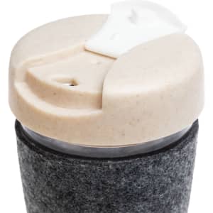 A reusable coffee cup with a gray textured band and a beige lid, featuring a logo on the side.