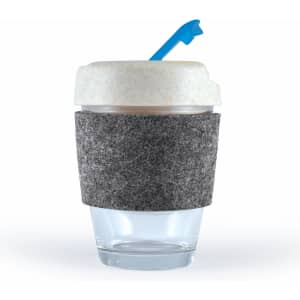 A reusable coffee cup featuring a clear glass base, a textured gray RPET band, and a white lid with a blue straw.