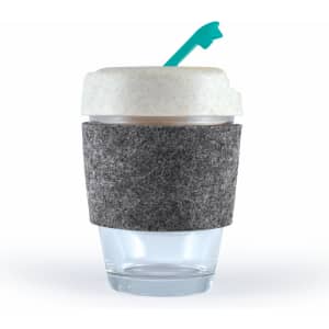 A reusable coffee cup with a textured gray band, a light-colored lid, and a teal straw. It features a logo.