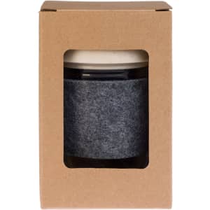 A reusable coffee cup with a dark RPET band, packaged in a cardboard box with a clear viewing window.