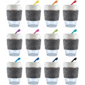 A collection of reusable coffee cups in clear with grey and colorful lids, featuring a textured band.