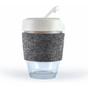 A reusable coffee cup with a frosted lid, featuring a grey felt band for insulation.