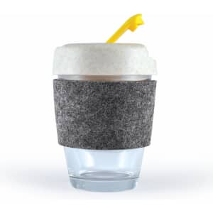 A reusable coffee cup with a clear base, white lid, grey RPET band, and a yellow straw. It features a logo.