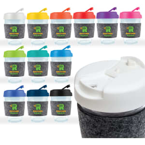 A reusable coffee cup with a flip lid and RPET band, available in multiple colours and featuring a logo.