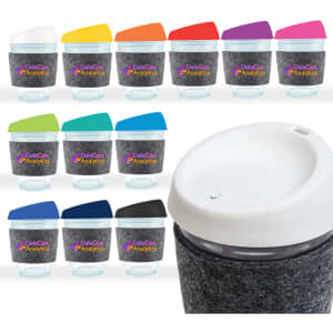 A reusable coffee cup with a silicone lid and RPET band, available in various colours and featuring a logo.