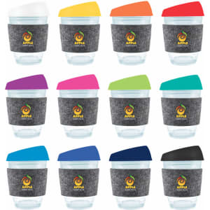 A collection of reusable coffee cups in various colors with silicone lids and RPET bands, featuring logos.