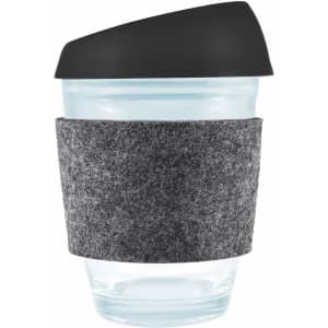 A reusable coffee cup featuring a clear design, a black silicone lid, and a gray RPET band for grip.
