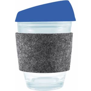 A reusable coffee cup featuring a clear body, a blue silicone lid, and a grey RPET band for insulation.