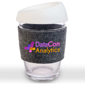 A reusable coffee cup featuring a silicone lid and a grey RPET band, branded with "DataCon Analytics" in colorful text.