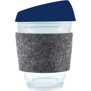 A reusable coffee cup featuring a clear body, a navy silicone lid, and a grey RPET band for grip.