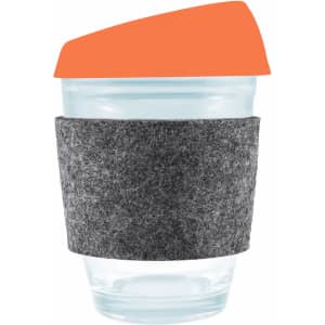 A reusable coffee cup featuring a transparent design, an orange silicone lid, and a grey RPET band for grip.