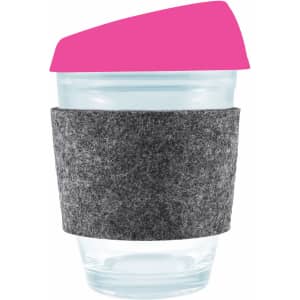 A reusable coffee cup featuring a clear body, a vibrant pink silicone lid, and a grey RPET band for grip.
