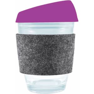 A reusable coffee cup featuring a clear design, a purple silicone lid, and a grey RPET band for grip.