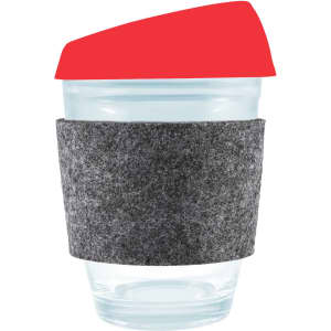 A reusable coffee cup featuring a transparent design, a bright red silicone lid, and a grey RPET band for grip.