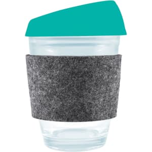 A reusable coffee cup featuring a clear body with a turquoise silicone lid and a gray RPET band for insulation.