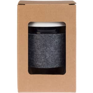 A reusable coffee cup with a silicone lid and an RPET band, presented in a cardboard box with a clear front window.