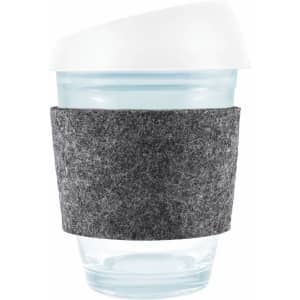 A reusable coffee cup featuring a clear body, a white silicone lid, and a gray RPET band for grip.