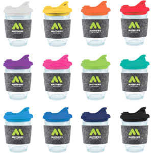 A row of reusable coffee cups in various colors with a band and lid, featuring a logo.
