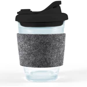 A reusable coffee cup with a clear body, black snap lid, and a gray RPET band for insulation.
