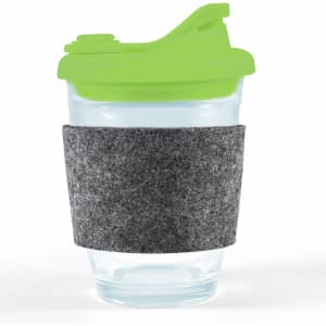 A reusable coffee cup with a transparent body, green snap lid, and a gray RPET band for grip.