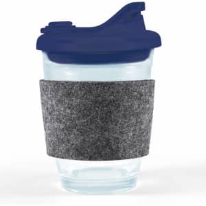 A reusable coffee cup featuring a clear body, a dark blue snap lid, and a gray RPET band for grip.