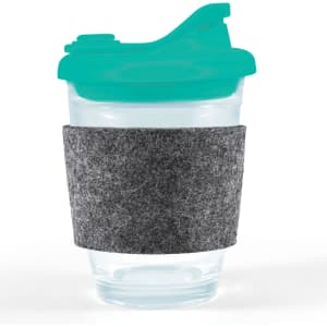 A reusable coffee cup with a teal snap lid and a gray RPET band around its body. It has a transparent design.