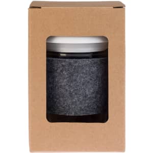 A reusable black coffee cup with a snap lid and RPET band, displayed in a cardboard box.