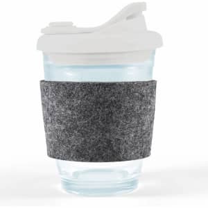 A reusable coffee cup with a clear body, snap lid, and a gray RPET band for grip.