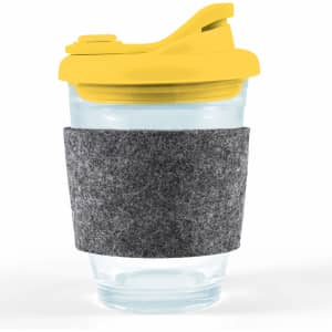 A drinkware item featuring a clear coffee cup with a yellow snap lid and a gray RPET band for grip.