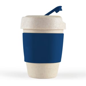 A reusable coffee cup in a cream color with a navy silicone band and a blue lid featuring a flap.