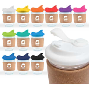 A collection of reusable coffee cups with cork bands and colourful snap lids in various hues. Each cup features a logo.