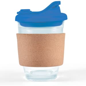 A reusable coffee cup featuring a clear body, blue snap lid, and a cork band for insulation.