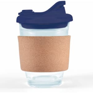 A reusable coffee cup with a navy snap lid and a cork band wrapped around a clear glass body.