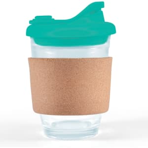 A reusable coffee cup featuring a clear body, a teal snap lid, and a cork band around the middle.