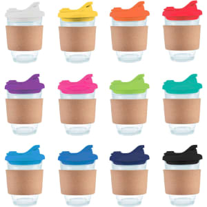 A collection of reusable coffee cups with cork bands and snap lids in various colors including white, orange, purple, and green.