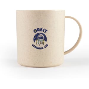 A reusable coffee cup in a cream colour, featuring a logo with an astronaut design.