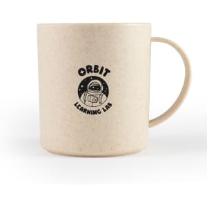 A cream-coloured reusable mug made from wheat fibre, featuring a logo with an astronaut design.