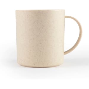 A reusable coffee cup in a light beige colour with a speckled design and a handle. It features a logo.
