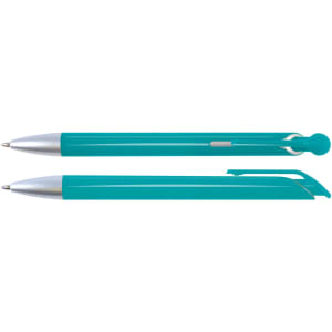 A teal plastic pen with a silver clip and tip, featuring a sleek design and a rounded end. It includes a logo.