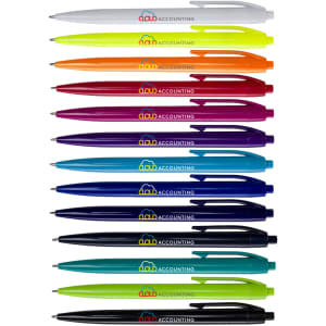 A selection of Javelin Pens in various colours, featuring a logo on each pen.