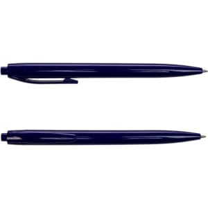 A set of blue Javelin pens, shown from two angles, featuring a sleek plastic design and a clip.
