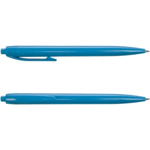 A blue plastic pen featuring a sleek design and a clip. The image displays two angles of the pen.