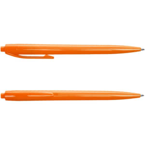 An orange plastic pen with a clip and a sleek design, featuring a rounded tip and a smooth barrel.
