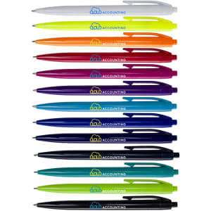A collection of plastic pens in various colors including white, orange, pink, purple, and black. Each pen features a logo.