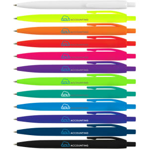 A collection of Javelin Pens in various colors, including white, neon, and dark shades, arranged in a row with branding present.