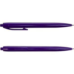 A purple plastic pen displayed from two angles, featuring a clip and a smooth design. It has a branding logo.