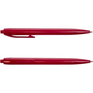 A set of bright red plastic pens, featuring a simple design and a clip for easy attachment.