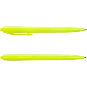 A set of vibrant yellow plastic pens. Each pen features a smooth barrel and a click mechanism for retractable use.